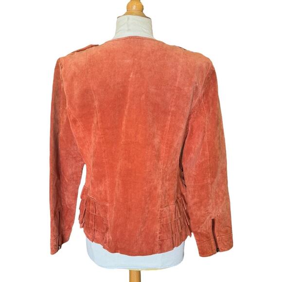 Burnt Orange Suede Leather Jacket w Ruffles & Large Buttons by Prosper & Devine - Picture 7 of 9